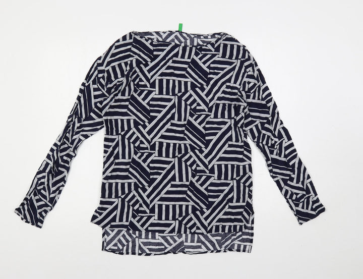 United Colors of Benetton Womens Blue Geometric Viscose Basic Blouse Size S Boat Neck
