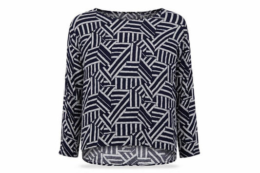Front view of United Colors of Benetton women’s blue geometric viscose basic blouse, size S, boat neck