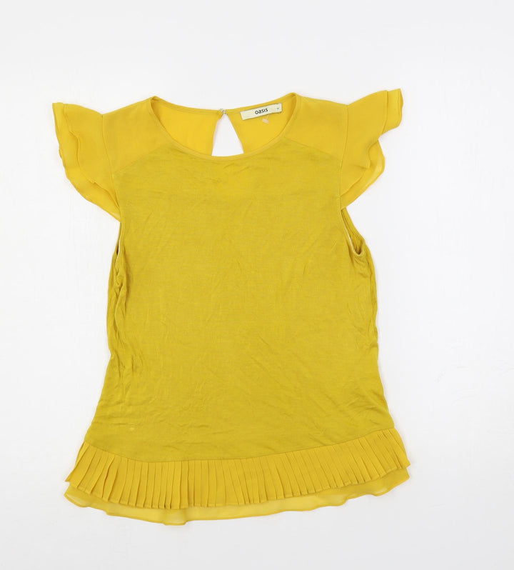 Oasis Womens Yellow Viscose Basic Blouse Size M Boat Neck - Ruffle