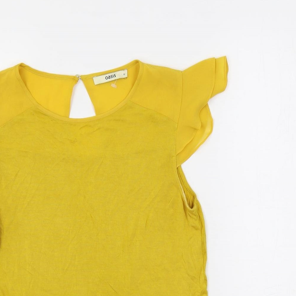 Oasis Womens Yellow Viscose Basic Blouse Size M Boat Neck - Ruffle