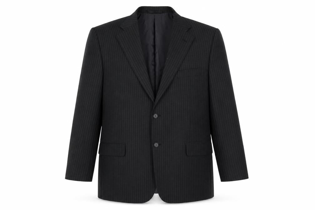 Front view of Marks & Spencer men’s grey striped polyester jacket suit jacket, size 44, regular