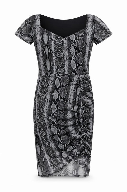 Front view of PRETTYLITTLETHING women’s grey animal print polyester bodycon, size UK 10, v-neck pullover - snake print