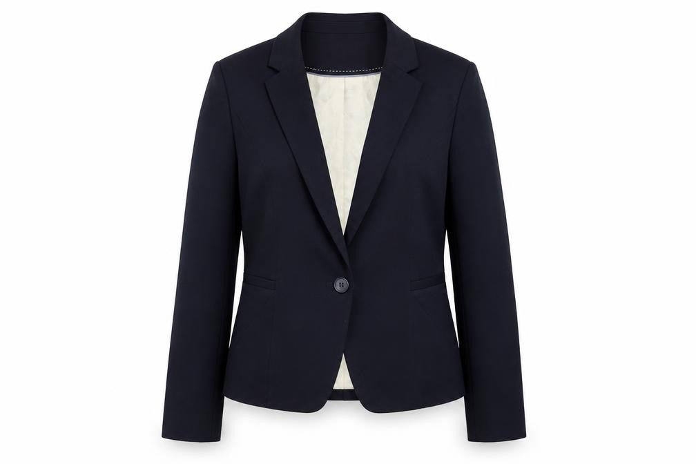 Front view of Marks & Spencer women’s blue jacket blazer, size UK 8, button