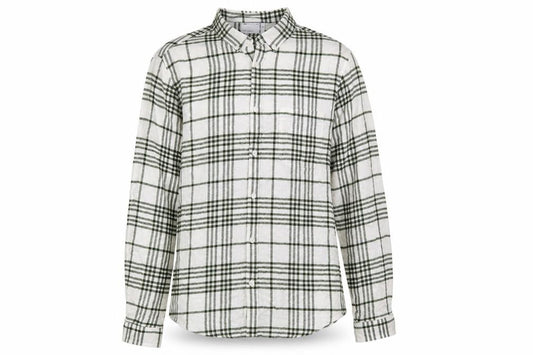 Front view of ASOS women’s white plaid cotton basic button-up, size XL, collared