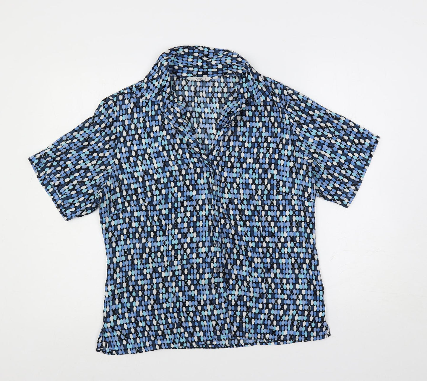 Simon Jersey Womens Blue Geometric Polyester Basic Button-Up Size 14 Collared