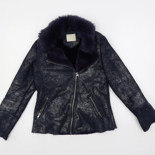 GUESS Girls Blue Biker Jacket Size 12 Years Zip - Faux Fur Collar