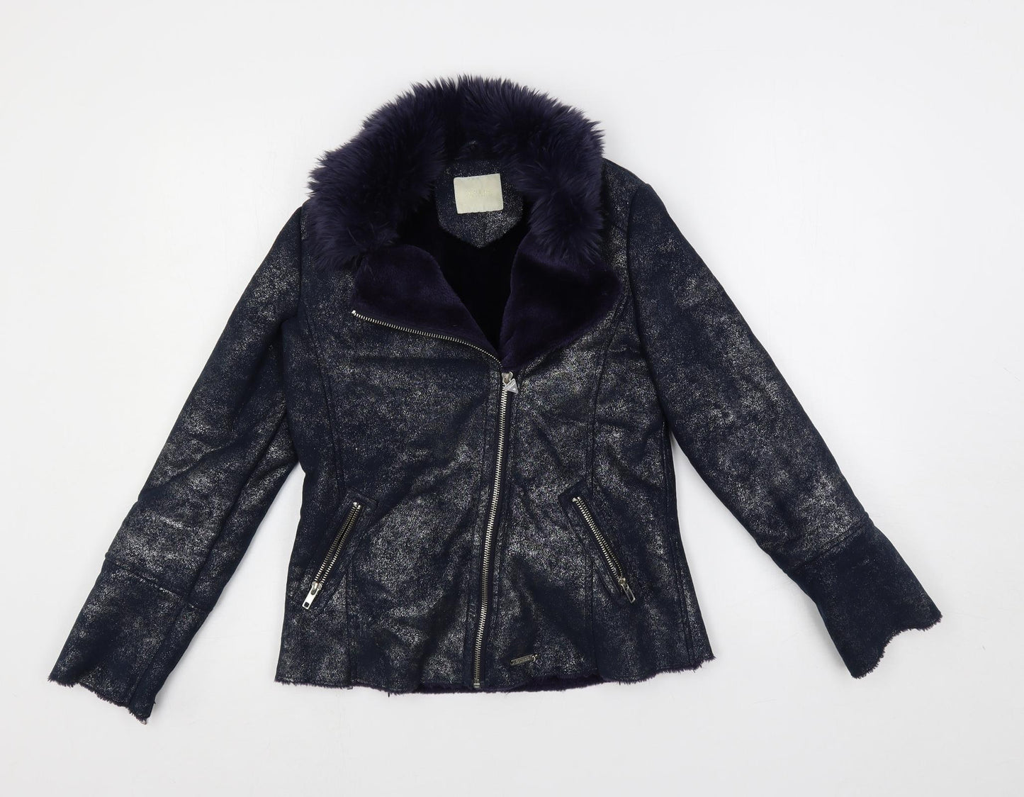 GUESS Girls Blue Biker Jacket Size 12 Years Zip - Faux Fur Collar