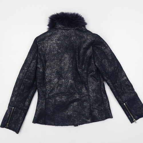 GUESS Girls Blue Biker Jacket Size 12 Years Zip - Faux Fur Collar