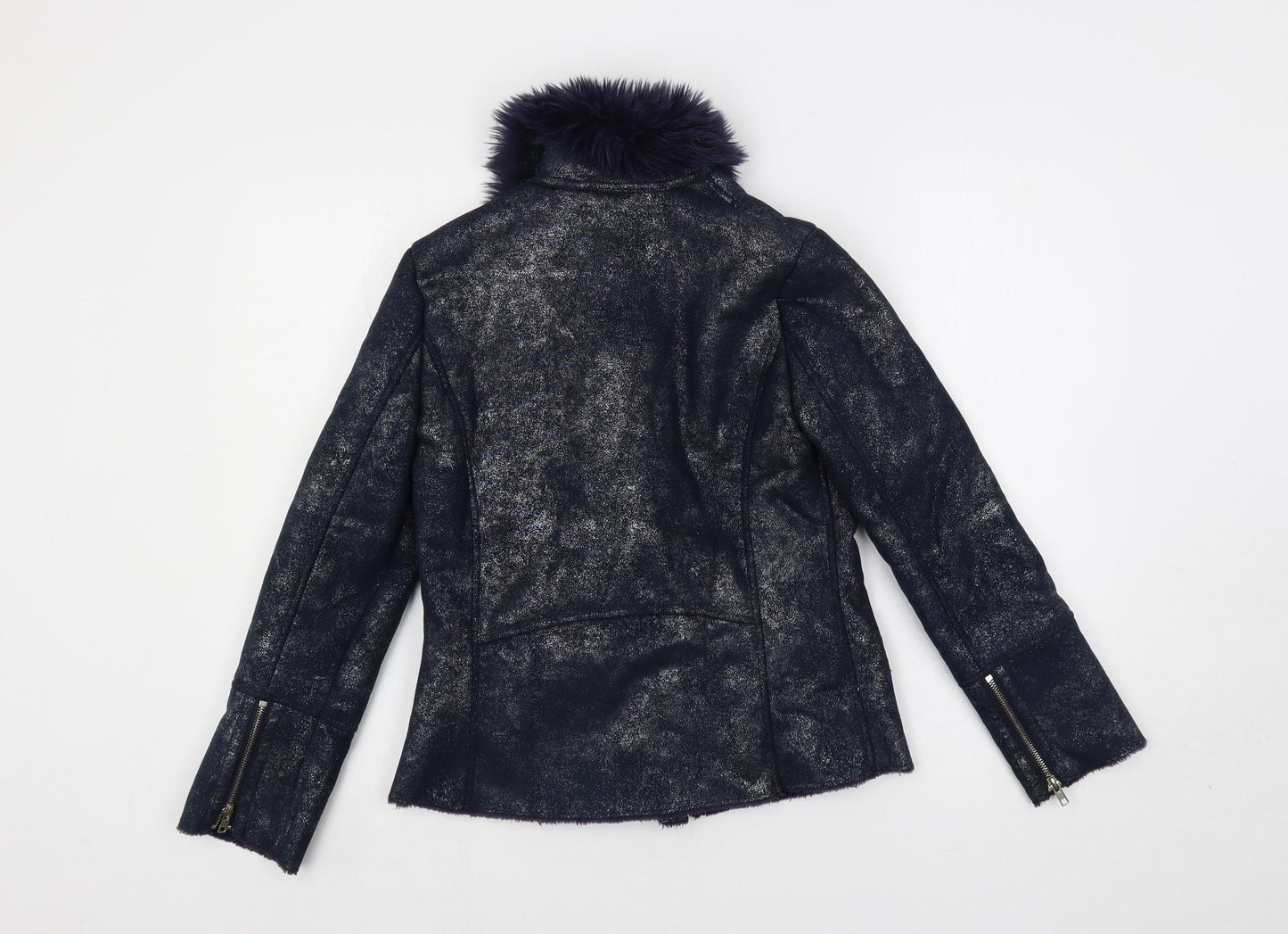 GUESS Girls Blue Biker Jacket Size 12 Years Zip - Faux Fur Collar