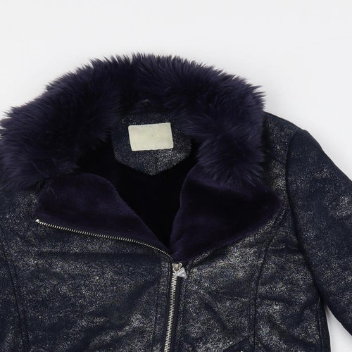 GUESS Girls Blue Biker Jacket Size 12 Years Zip - Faux Fur Collar