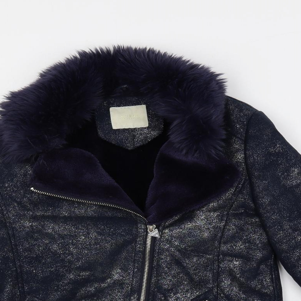 GUESS Girls Blue Biker Jacket Size 12 Years Zip - Faux Fur Collar