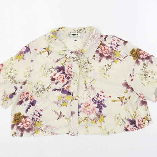 Love Womens Multicoloured Floral Polyester Cropped Button-Up Size S Collared