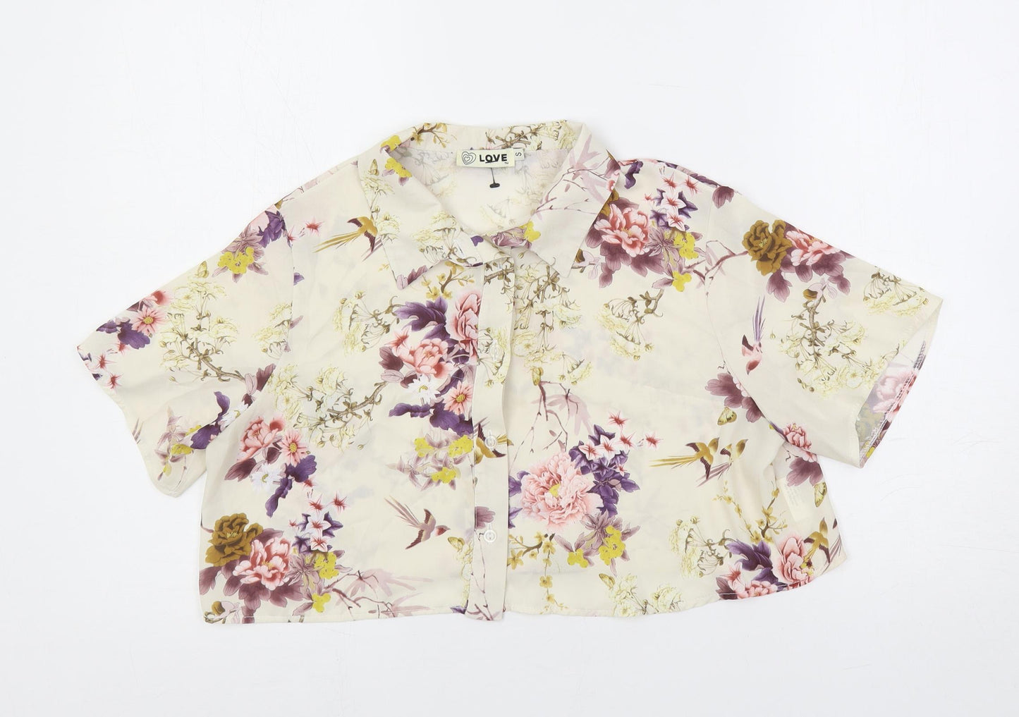 Love Womens Multicoloured Floral Polyester Cropped Button-Up Size S Collared
