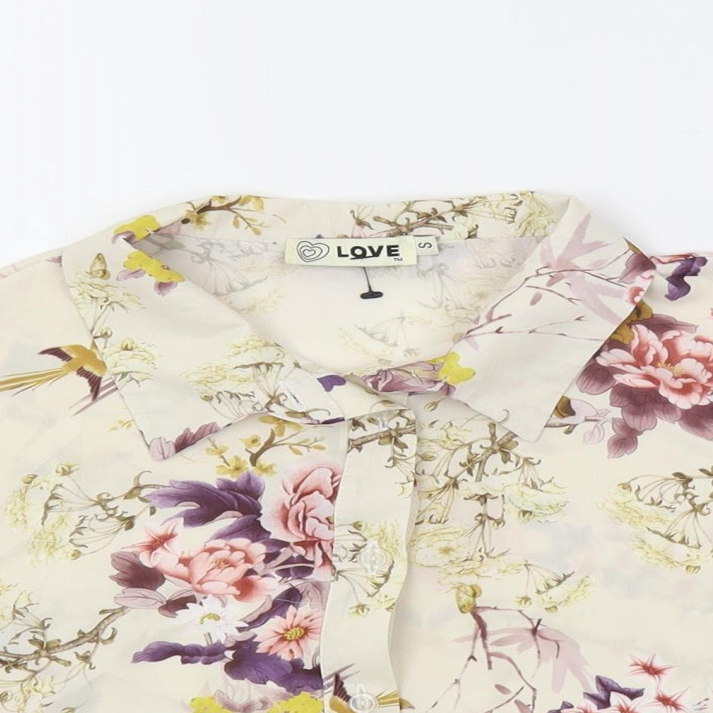 Love Womens Multicoloured Floral Polyester Cropped Button-Up Size S Collared
