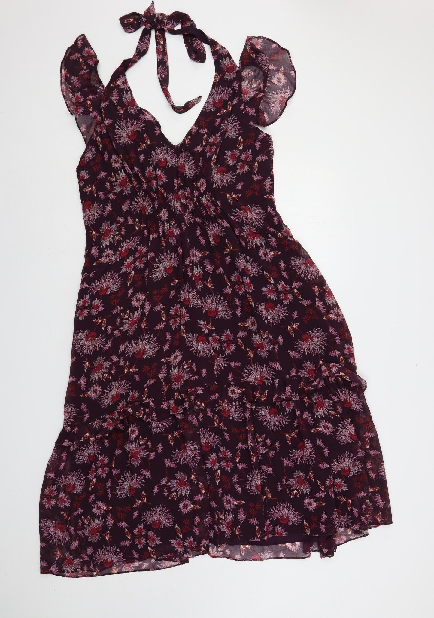 Whistles Womens Purple Floral Polyester A-Line Size 16 V-Neck Zip - Ruffle