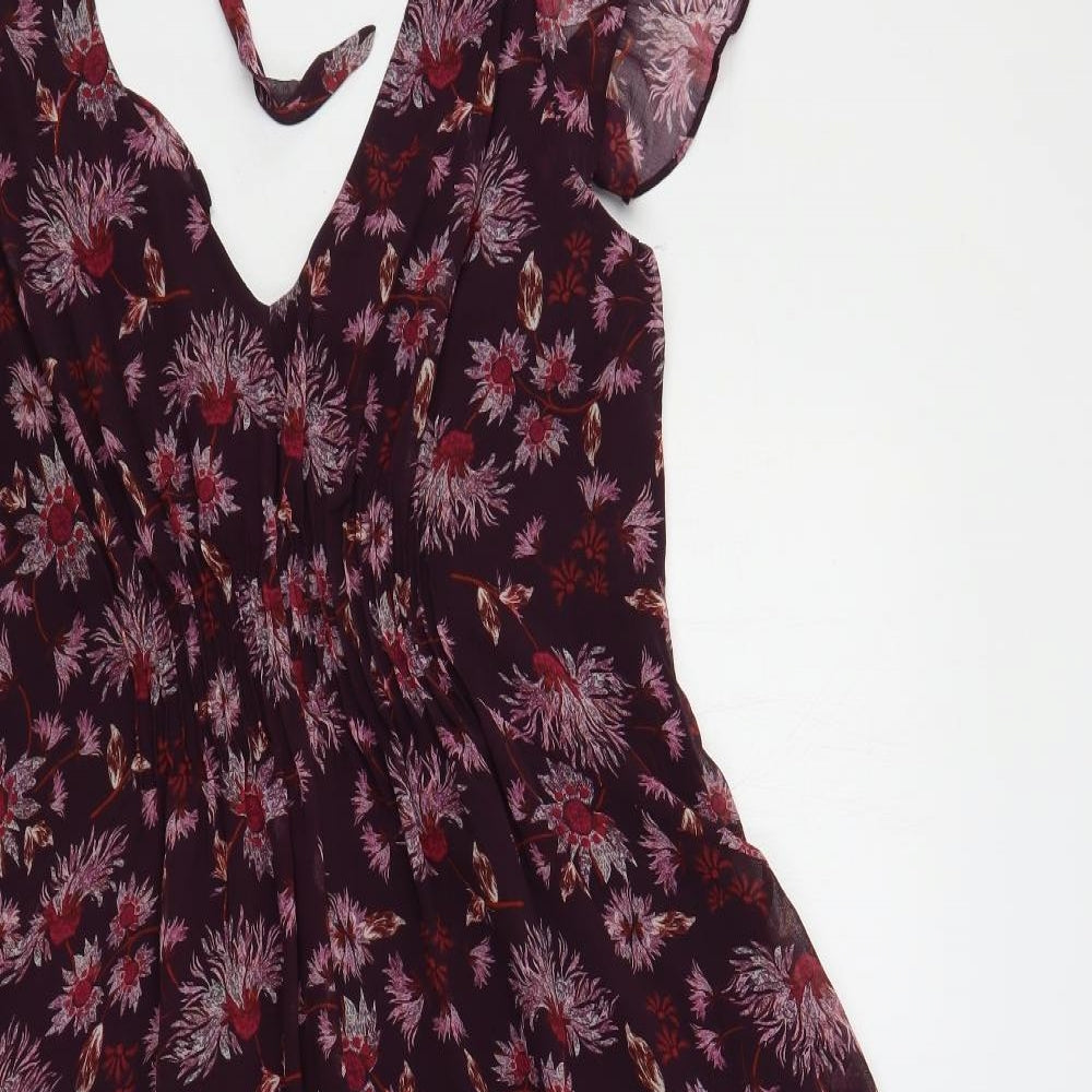 Whistles Womens Purple Floral Polyester A-Line Size 16 V-Neck Zip - Ruffle