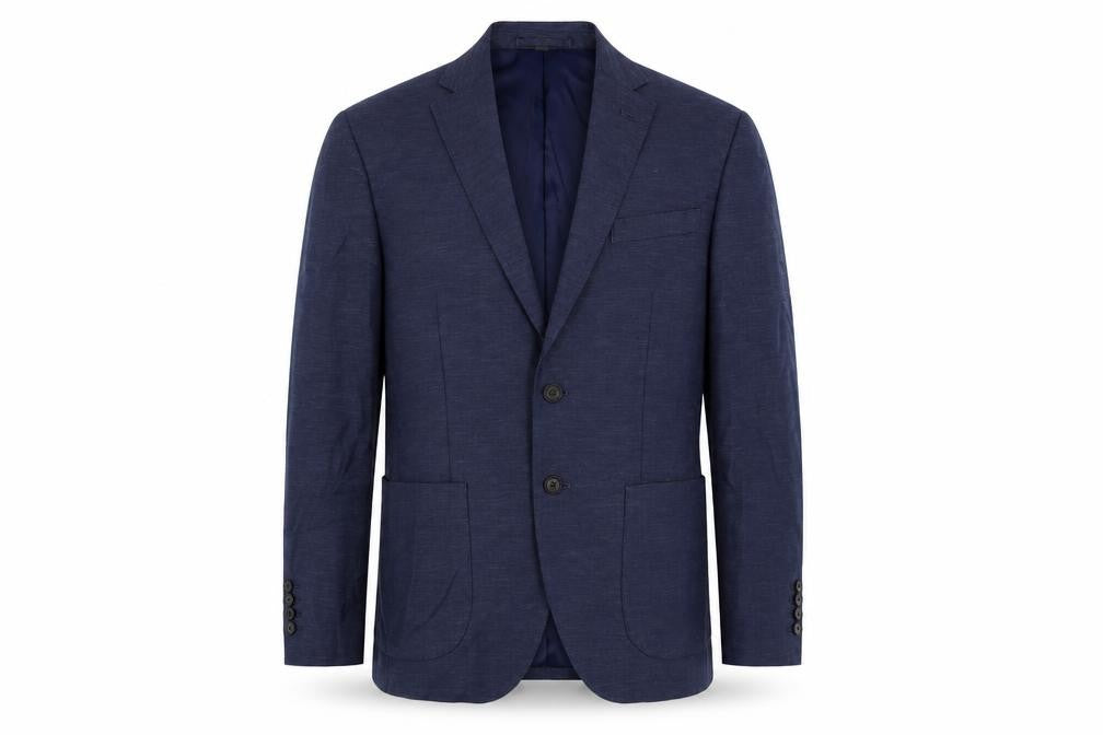 Front view of Marks & Spencer men’s blue polyester jacket suit jacket, size 38, regular