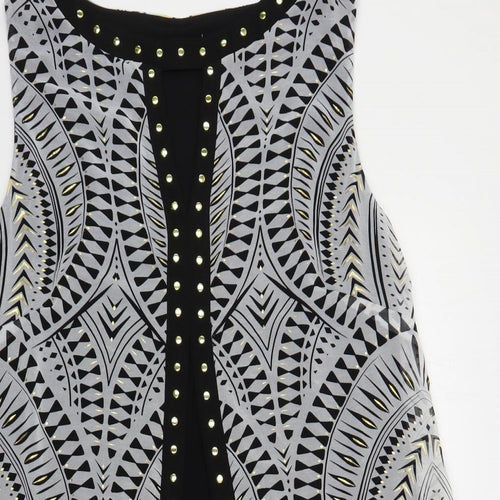 Julien Macdonald Womens Black Geometric Polyester Tunic Blouse Size 20 Boat Neck - Layered Studded
