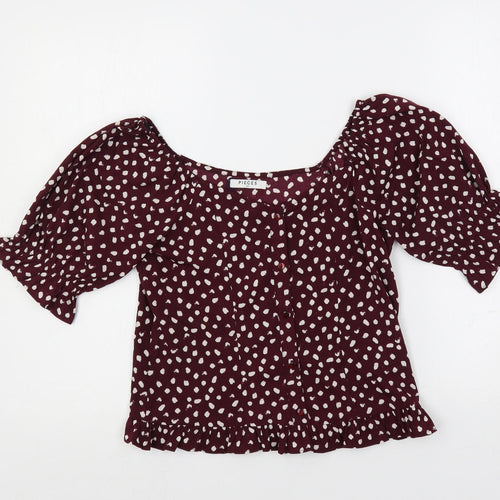 Pieces Womens Purple Geometric Polyester Basic Blouse Size XS Scoop Neck - Ruffle