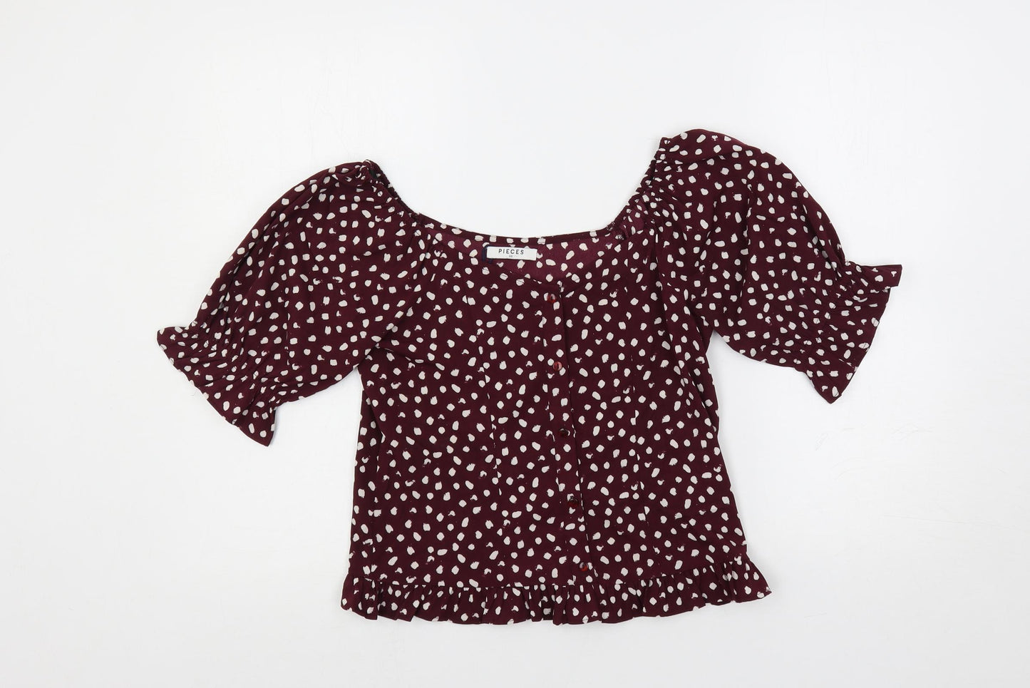 Pieces Womens Purple Geometric Polyester Basic Blouse Size XS Scoop Neck - Ruffle