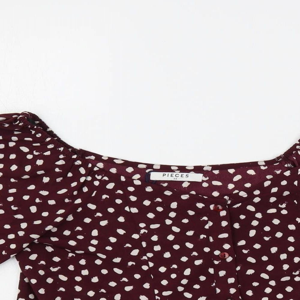 Pieces Womens Purple Geometric Polyester Basic Blouse Size XS Scoop Neck - Ruffle