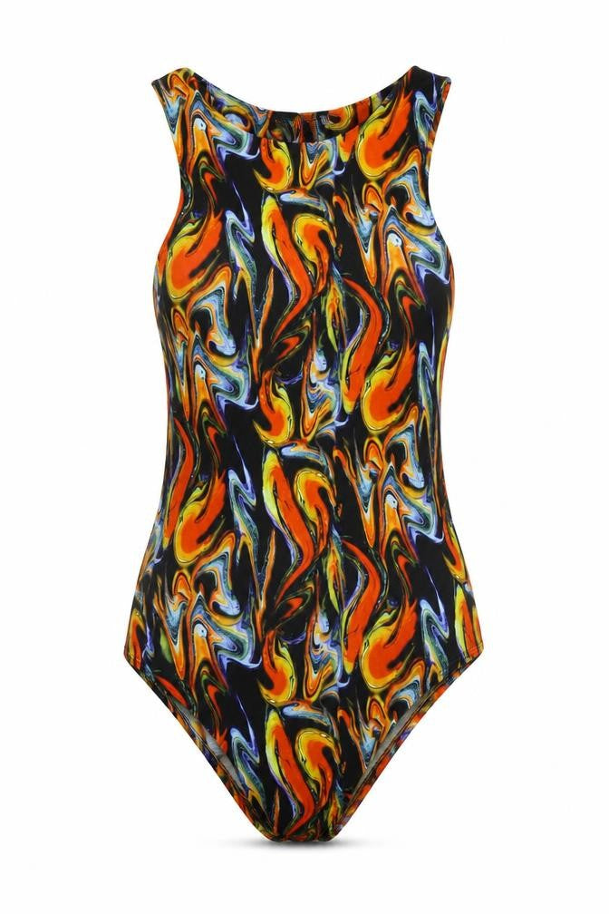 Front view of PRETTYLITTLETHING women’s multicoloured geometric polyester bodysuit one-piece, size UK 8, snap