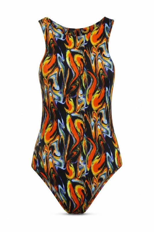 Front view of PRETTYLITTLETHING women’s multicoloured geometric polyester bodysuit one-piece, size UK 8, snap
