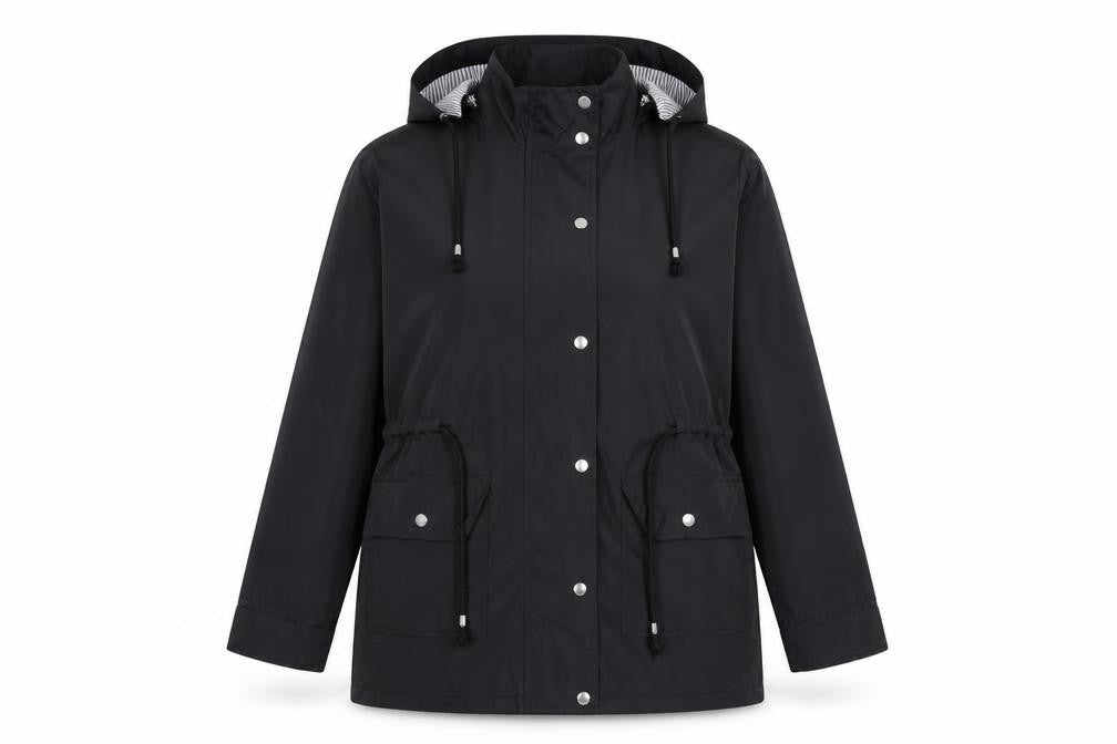 Front view of Beedee women’s black rain coat coat, size M, zip
