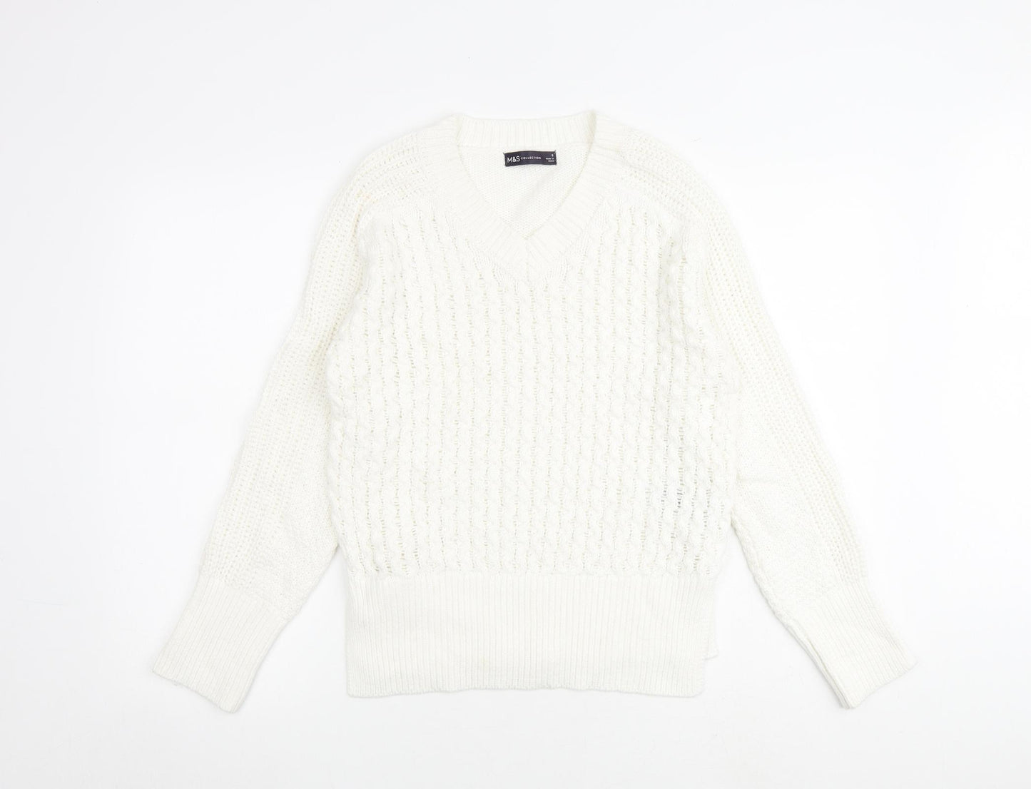Marks and Spencer Womens White Round Neck Cotton Pullover Jumper Size S