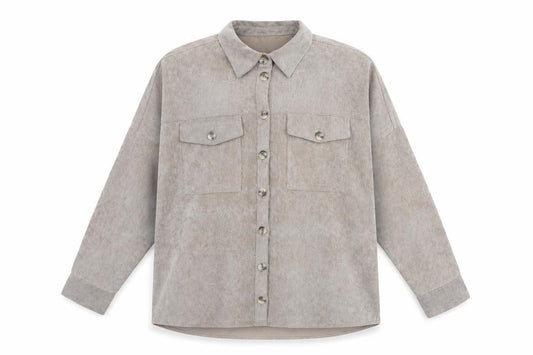 Front view of Stradivarius women’s brown cotton basic button-up, size S, collared