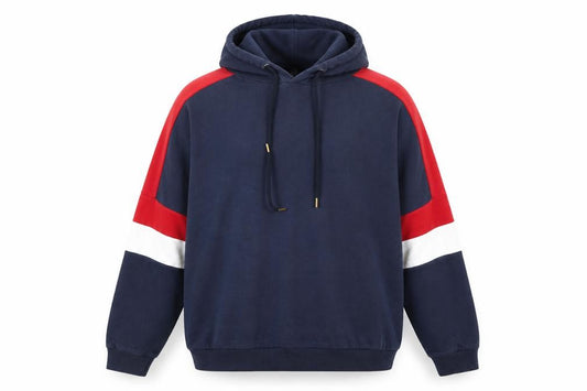 Front view of H&M men’s blue cotton pullover hoodie, size L