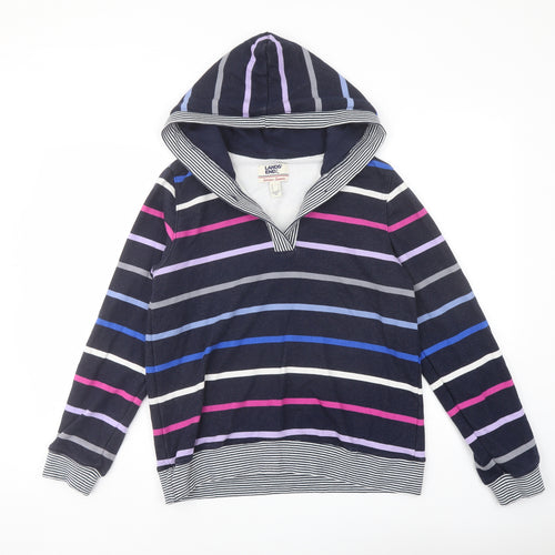 Lands' End Womens Multicoloured Striped Cotton Pullover Hoodie Size S Button