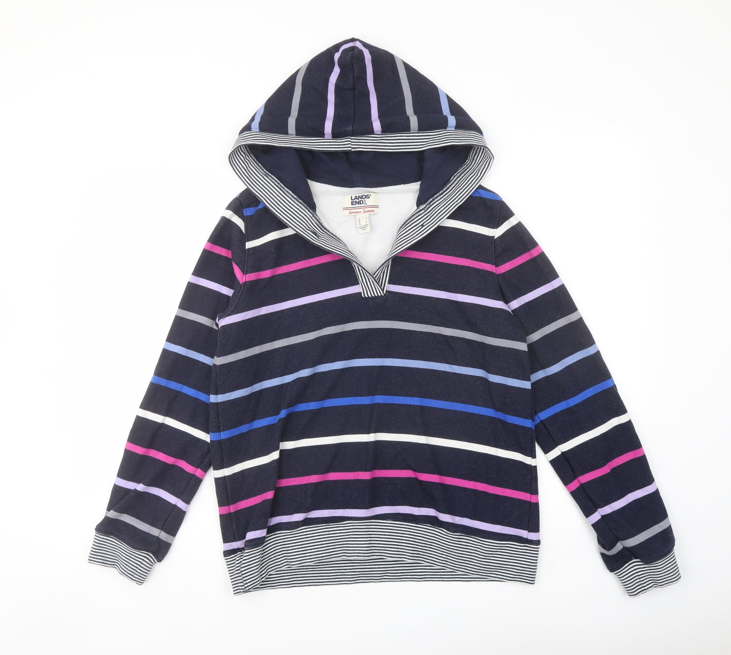 Lands' End Womens Multicoloured Striped Cotton Pullover Hoodie Size S Button