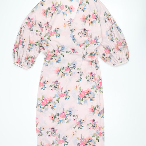 Mango Womens Pink Floral Polyester Wrap Dress Size M V-Neck Tie