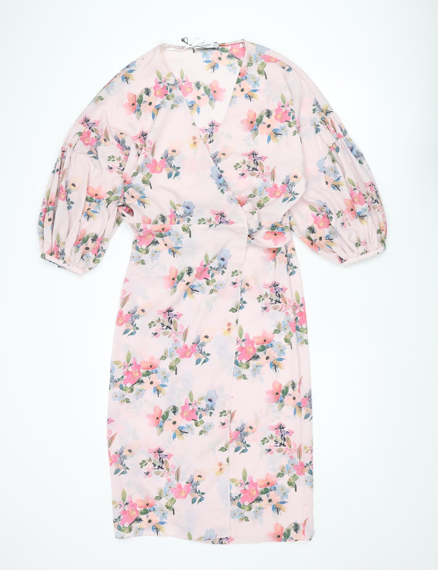 Mango Womens Pink Floral Polyester Wrap Dress Size M V-Neck Tie