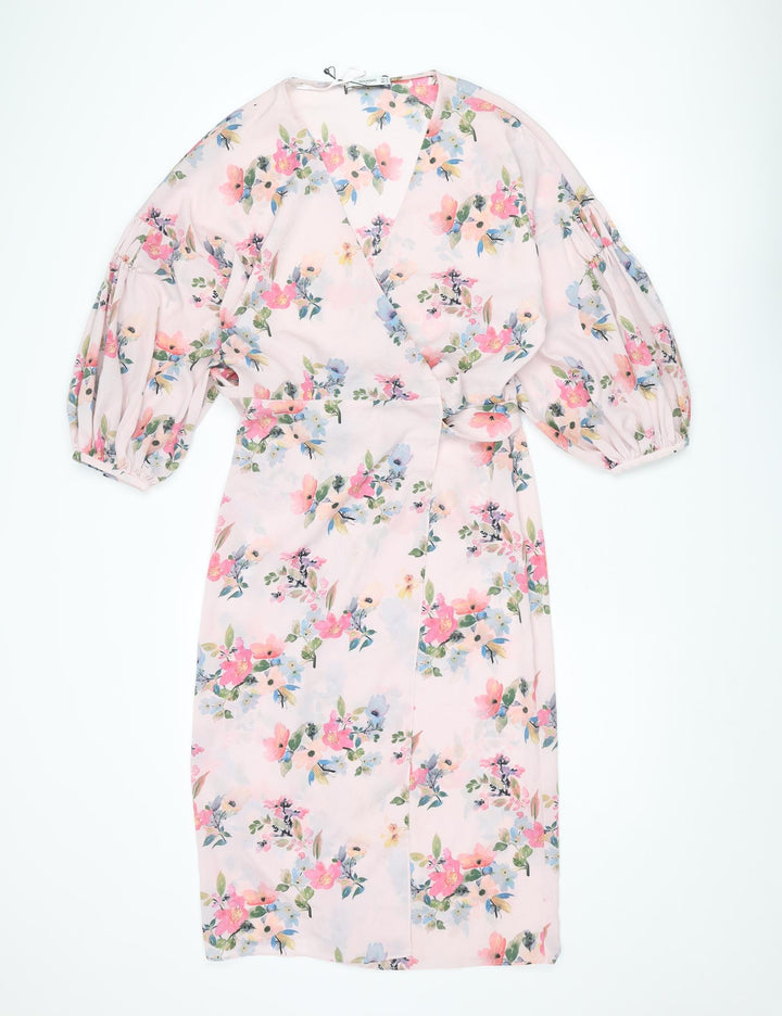 Mango Womens Pink Floral Polyester Wrap Dress Size M V-Neck Tie