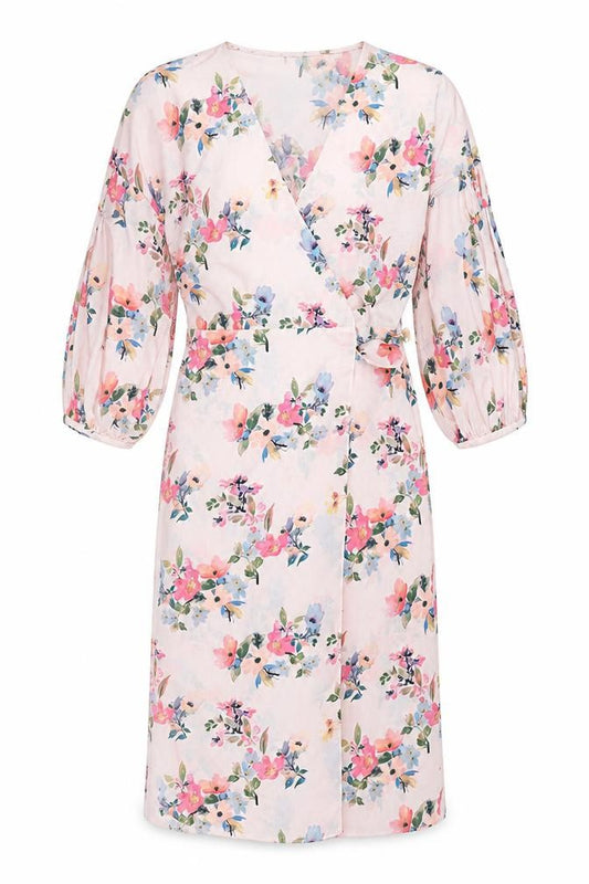 Front view of Mango women’s pink floral polyester wrap dress, size M, v-neck tie