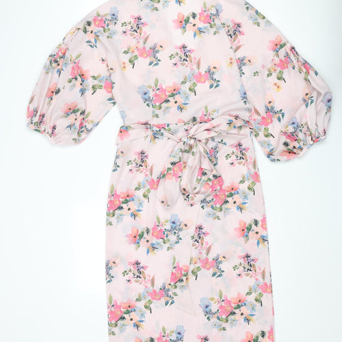 Mango Womens Pink Floral Polyester Wrap Dress Size M V-Neck Tie