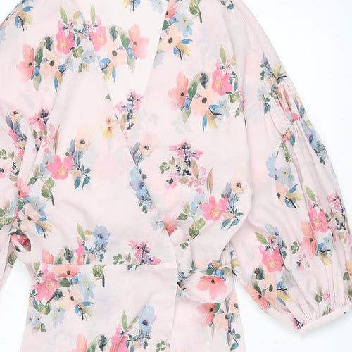 Mango Womens Pink Floral Polyester Wrap Dress Size M V-Neck Tie