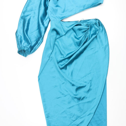 Zara Womens Blue Polyester Maxi Size M One Shoulder Zip - Batwing Sleeve Cut Out