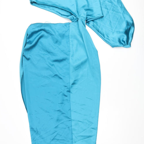 Zara Womens Blue Polyester Maxi Size M One Shoulder Zip - Batwing Sleeve Cut Out