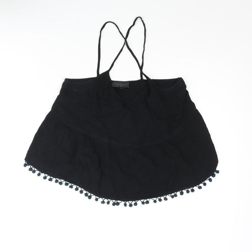 Topshop Womens Black Viscose Cropped Blouse Size 8 V-Neck - Pom Pom Trim