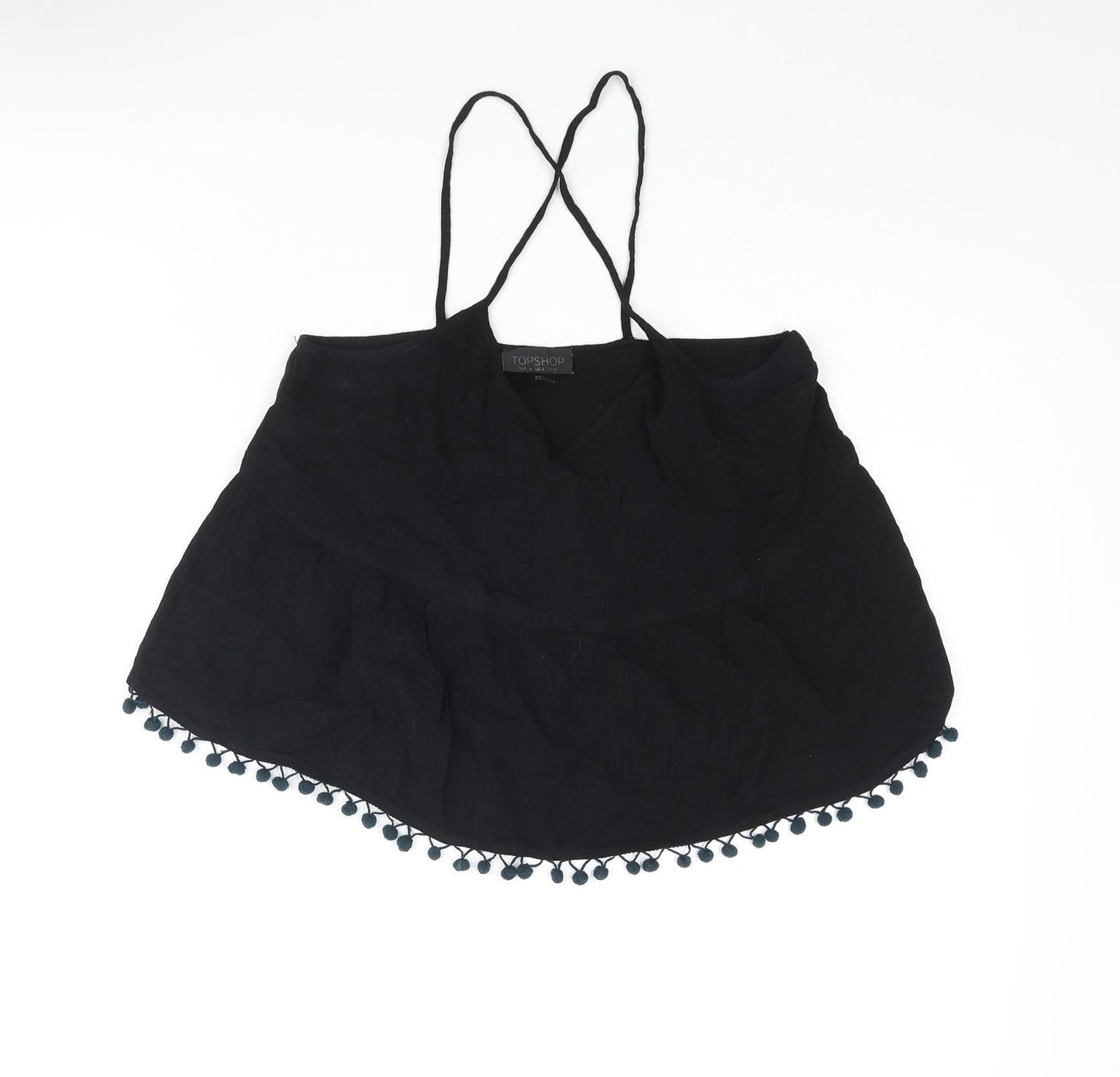Topshop Womens Black Viscose Cropped Blouse Size 8 V-Neck - Pom Pom Trim