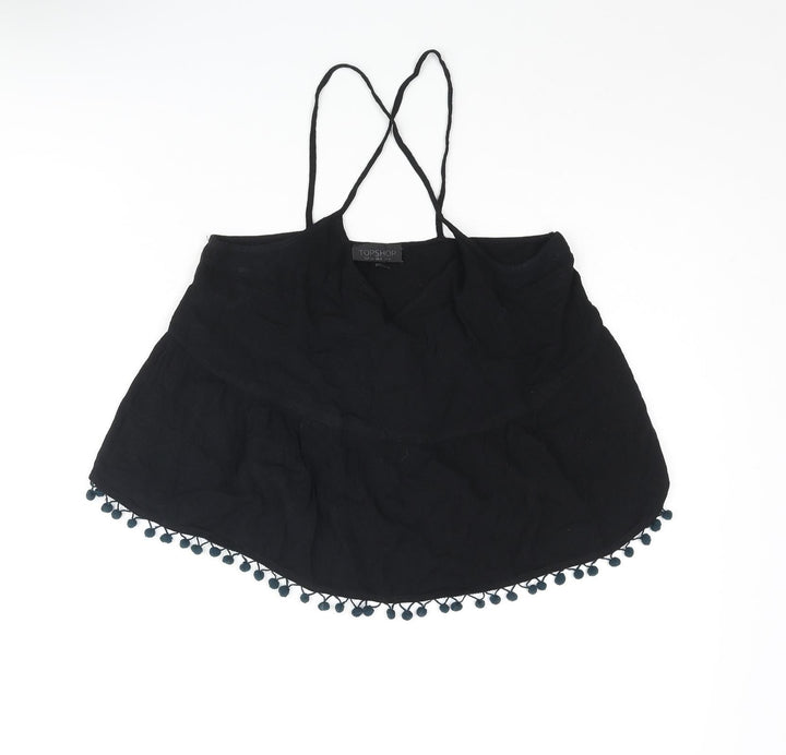Topshop Womens Black Viscose Cropped Blouse Size 8 V-Neck - Pom Pom Trim