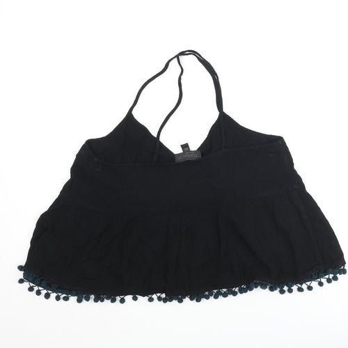 Topshop Womens Black Viscose Cropped Blouse Size 8 V-Neck - Pom Pom Trim