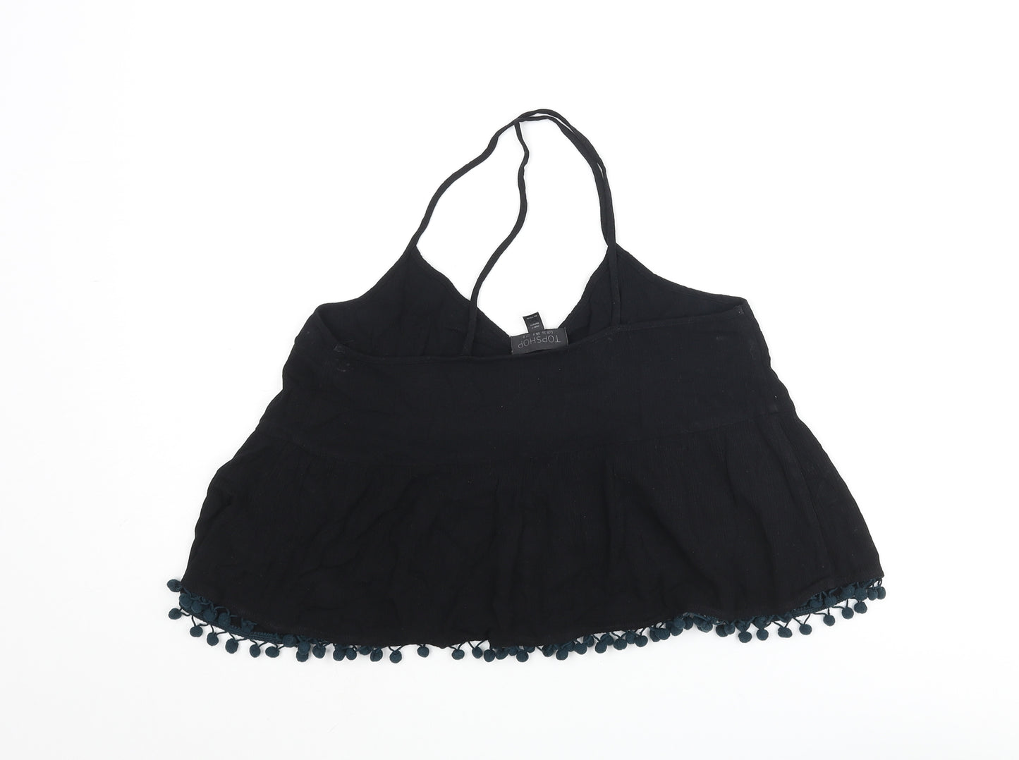 Topshop Womens Black Viscose Cropped Blouse Size 8 V-Neck - Pom Pom Trim
