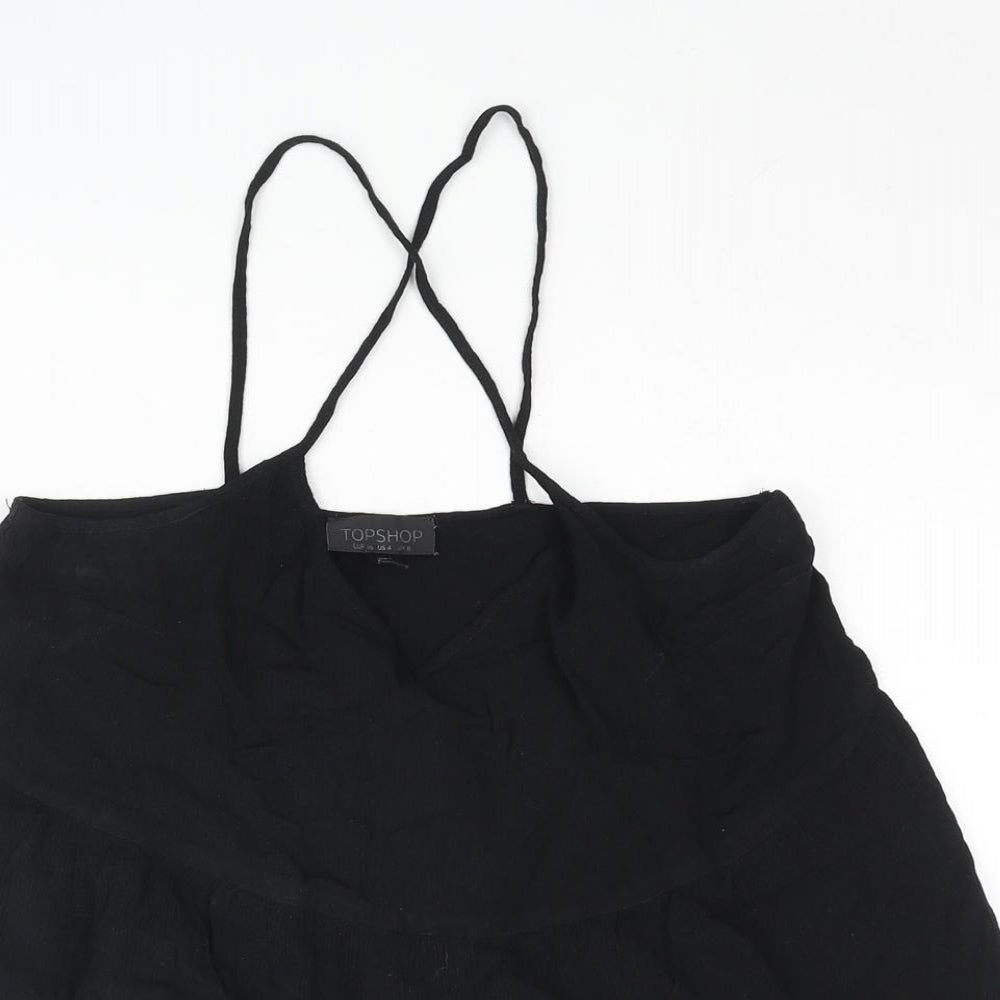 Topshop Womens Black Viscose Cropped Blouse Size 8 V-Neck - Pom Pom Trim