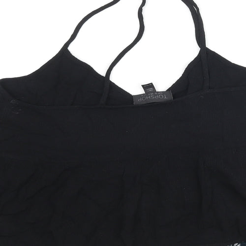 Topshop Womens Black Viscose Cropped Blouse Size 8 V-Neck - Pom Pom Trim