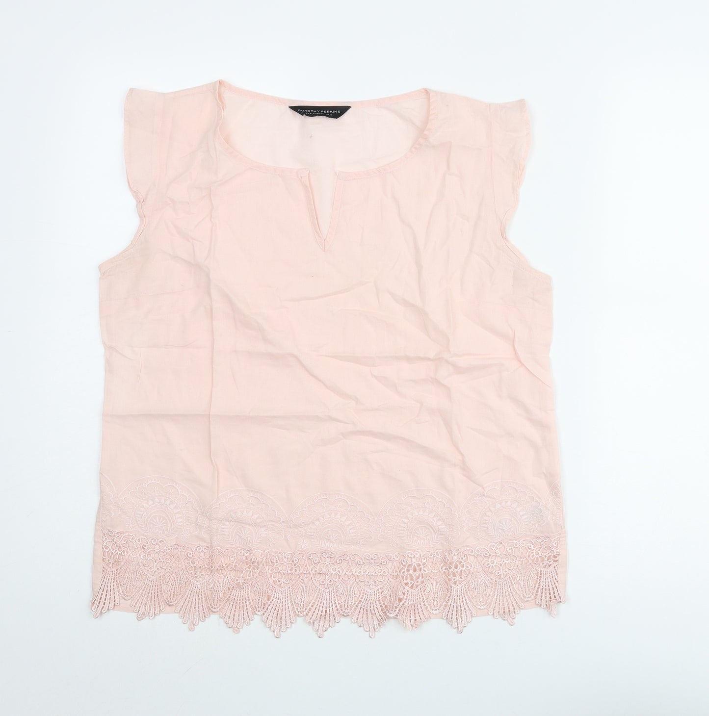 Dorothy Perkins Womens Pink Cotton Basic Blouse Size 12 V-Neck - Lace Trim
