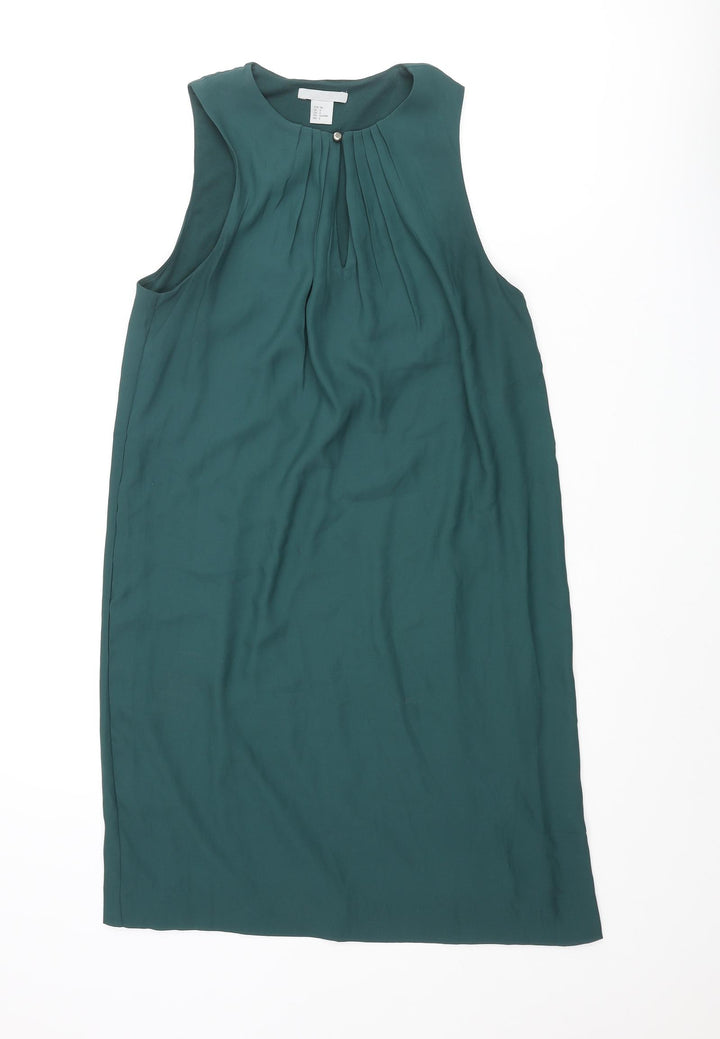 H&M Womens Green Polyester Shift Size 8 Round Neck Button - Pleated Keyhole